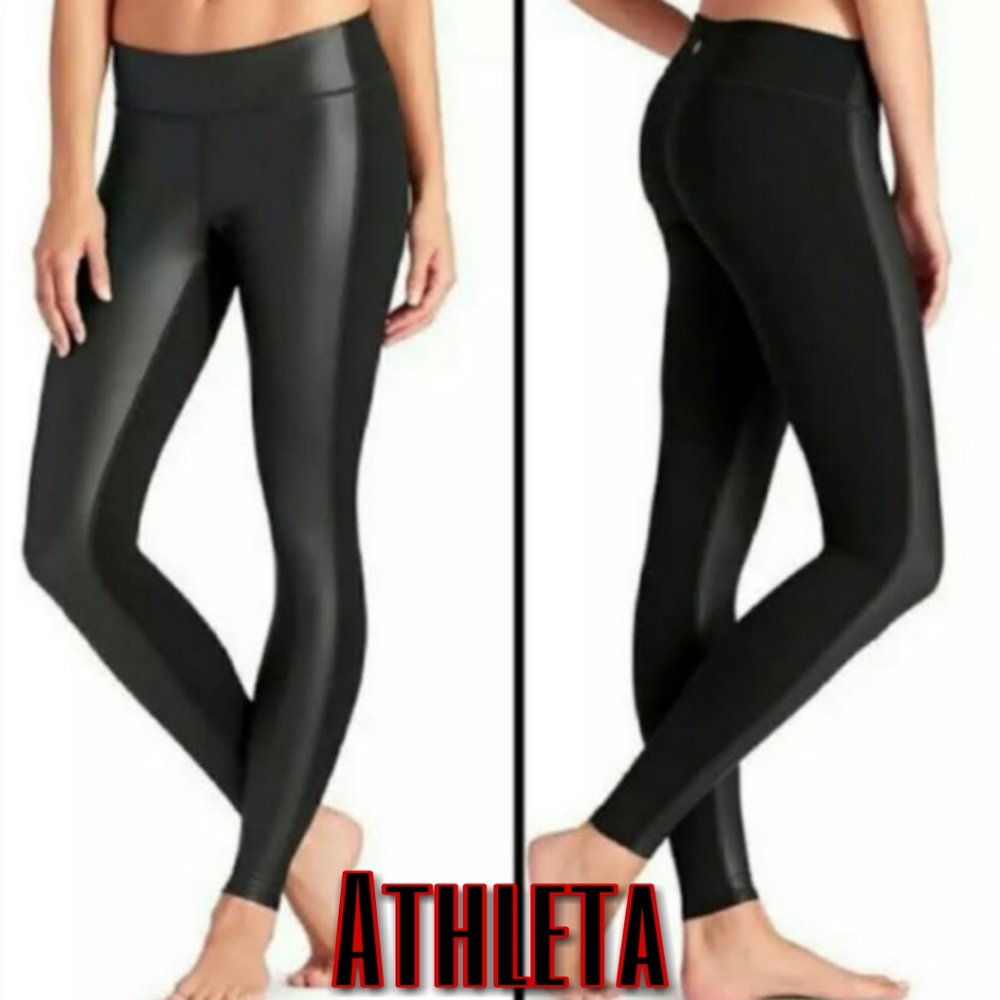 Athleta Mix Media Gleam High Waisted  Black Faux Leather Front Panel Leggings